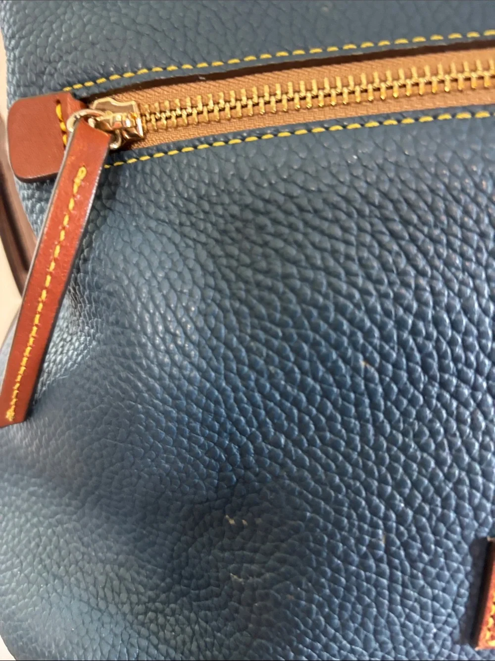 Dooney & Bourke Denim Blue Pebbled Leather Messenger with Brown Trim